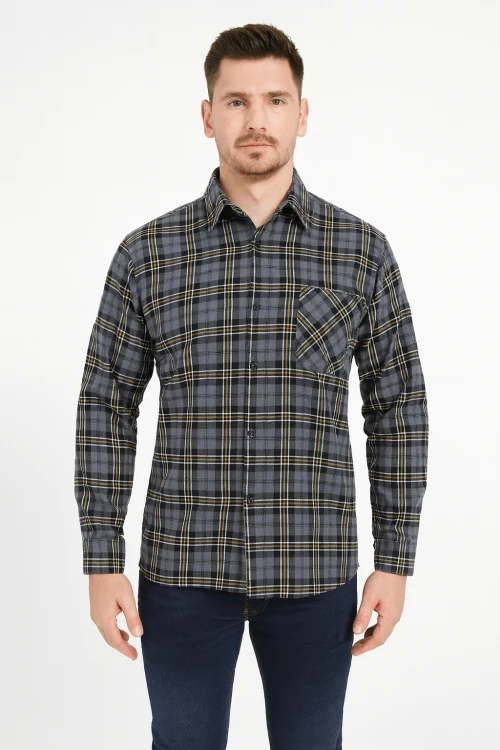 Koszula flanelowa robocza szara szkocka krata z przodu